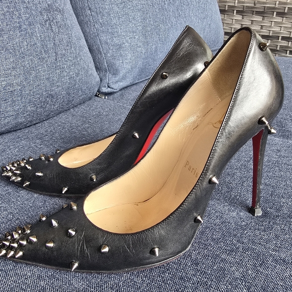 Authentic Christian Louboutin Black Leather Spiked Heels - Picture 2 of 13